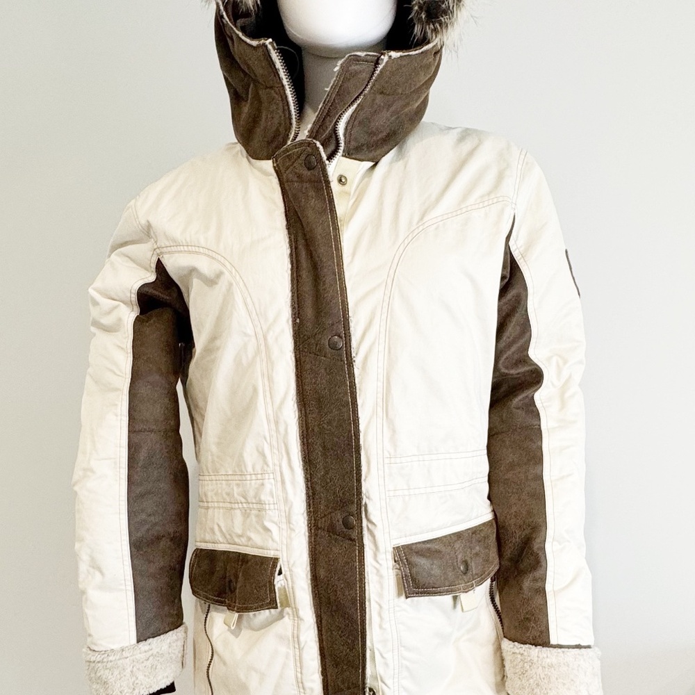 Kuhl Women's Arktik down parka, Ivory, Faux Leather, Faux Fur, Cream Large Coat